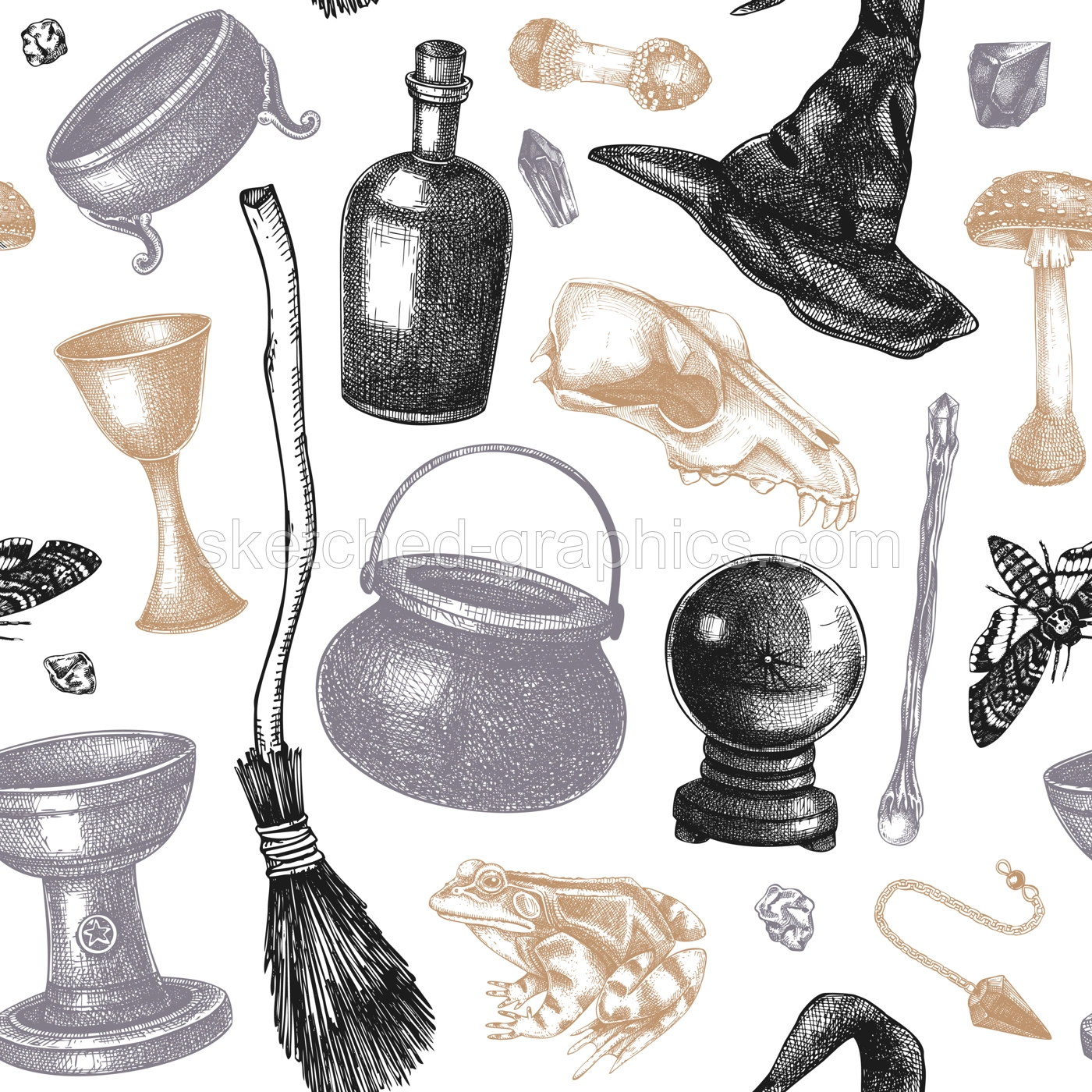Bohemian style witchcraft background. Vintage Halloween sketches. Hand-drawn vector illustration. Witchcraft seamless pattern. NOT AI generated Illustration